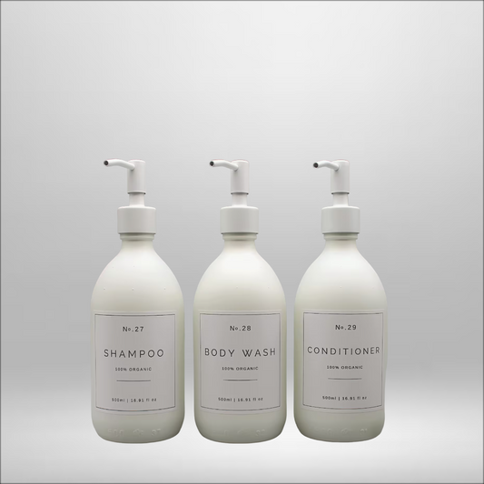 Labeled Shampoo, Soap and Lotion Bottles - White